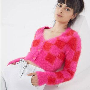 Lazy Oaf Red and Pink Checkered Mohair fuzzy cropped Cardigan Sweater